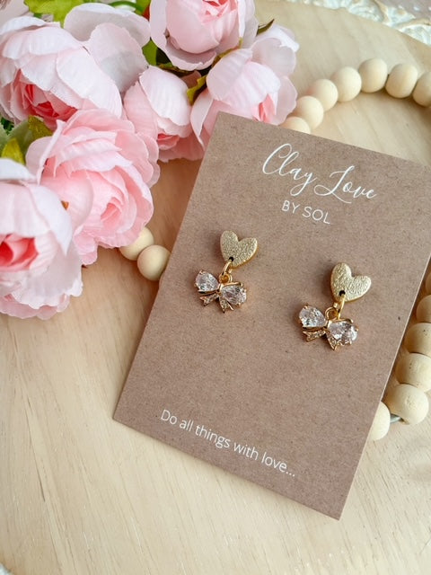 Golden Heart with CZ Bow Dangle Earrings