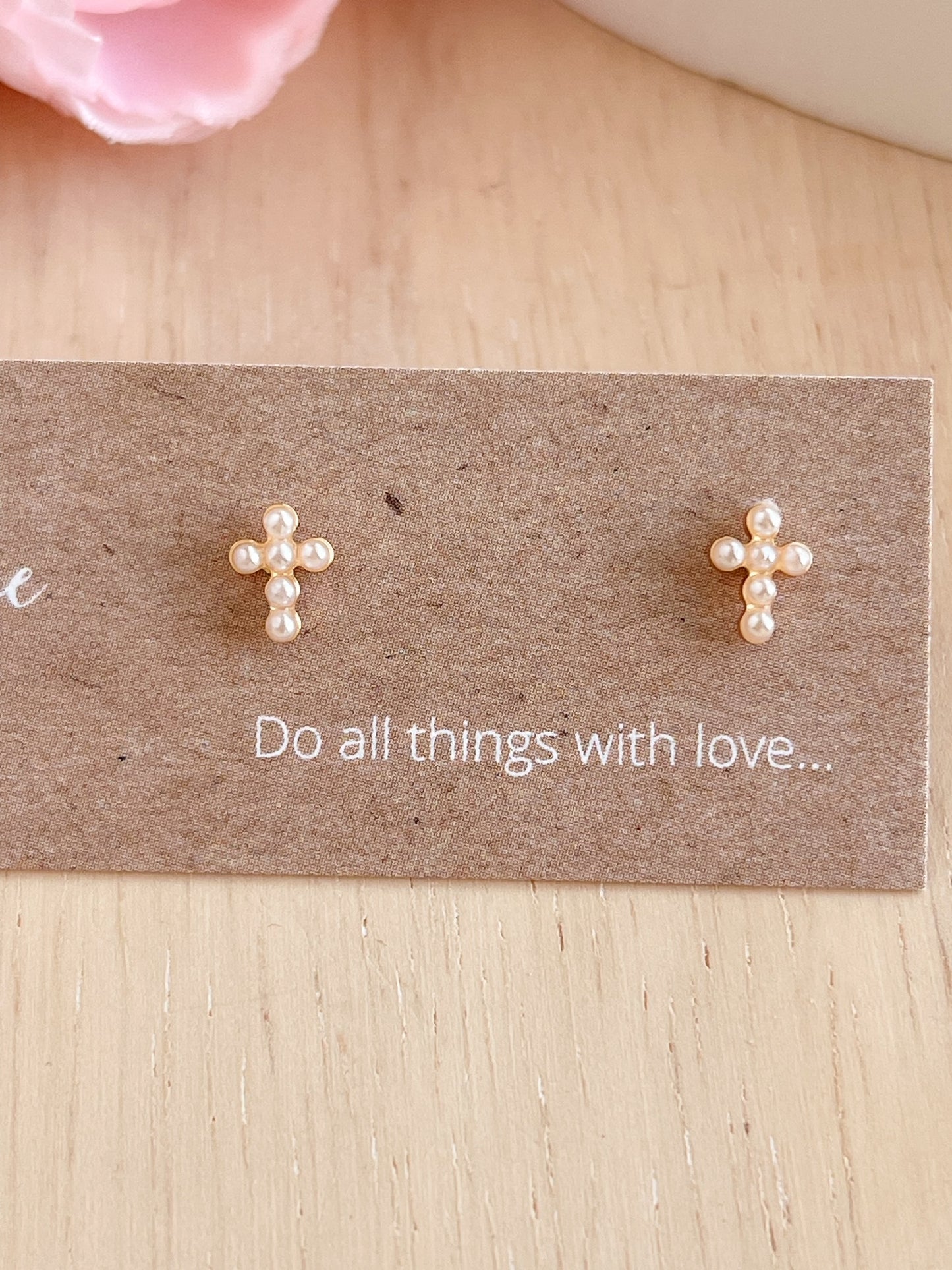 Gold-plated Pearl Cross Studs