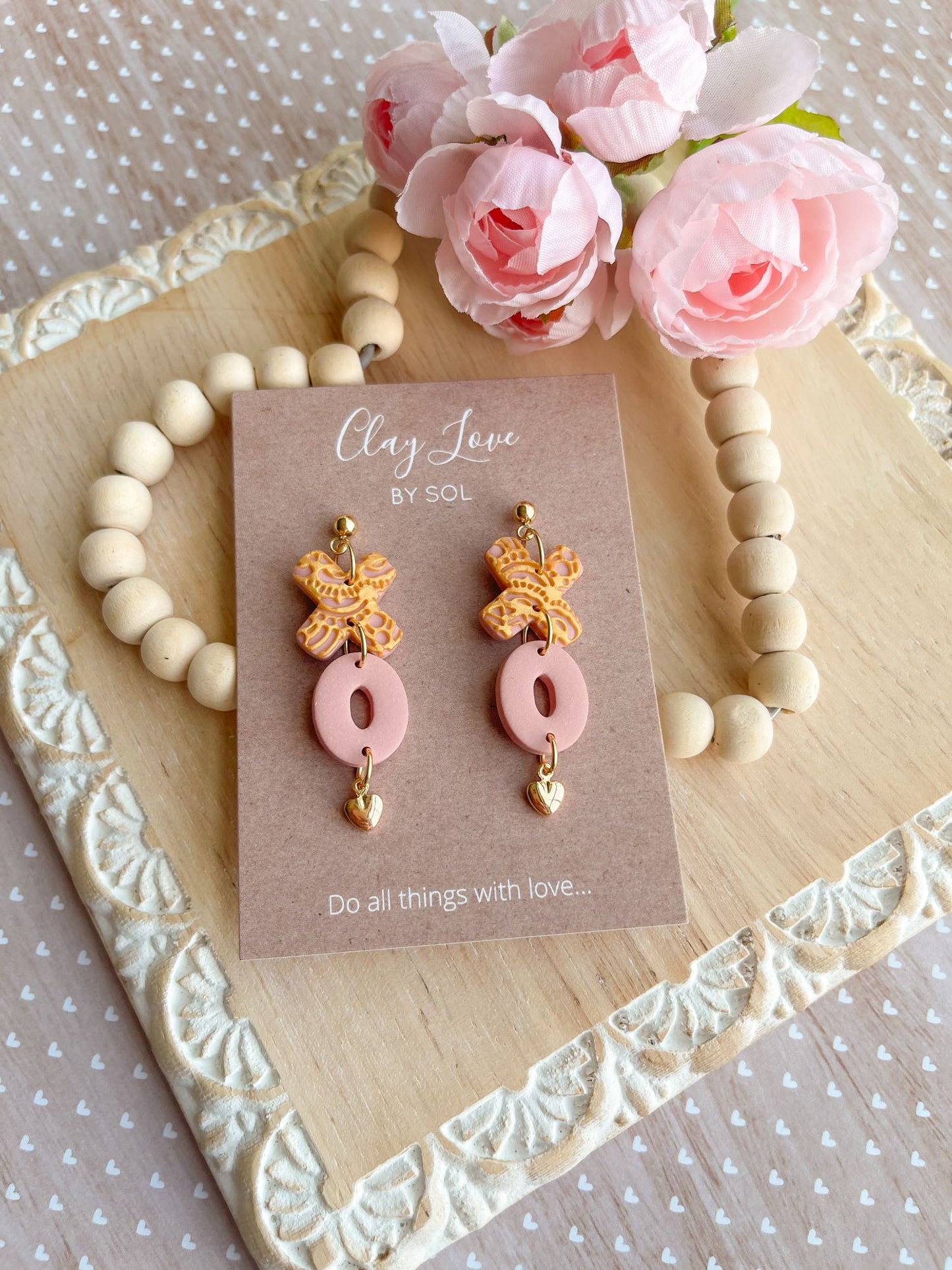 Pink Lace Hugs and Kisses Dangle Earrings