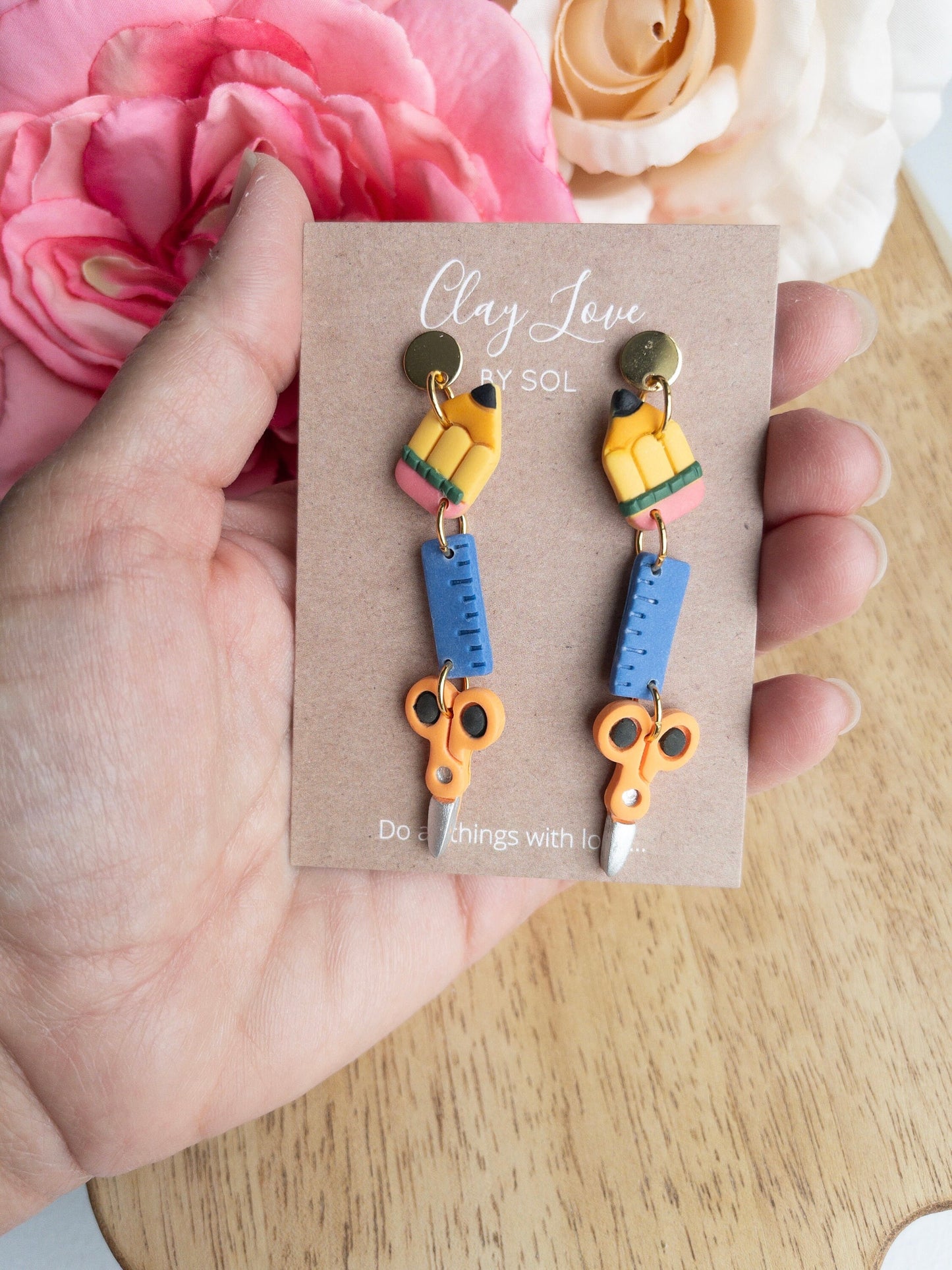 Pencil, Ruler, Scissors Polymer Clay Dangle Earring Trio, perfect for teachers or teacher gifts!
