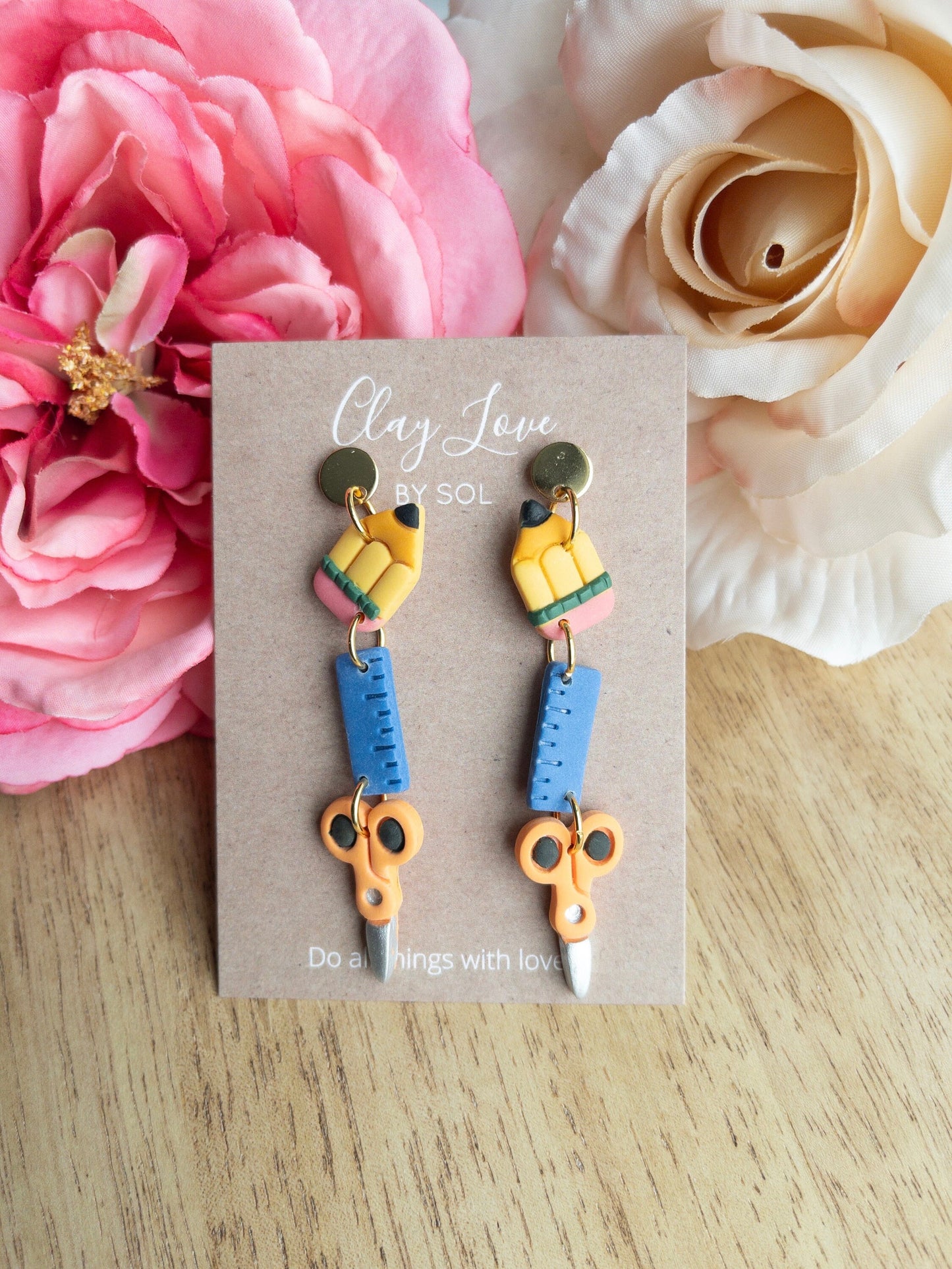 Pencil, Ruler, Scissors Polymer Clay Dangle Earring Trio, perfect for teachers or teacher gifts!
