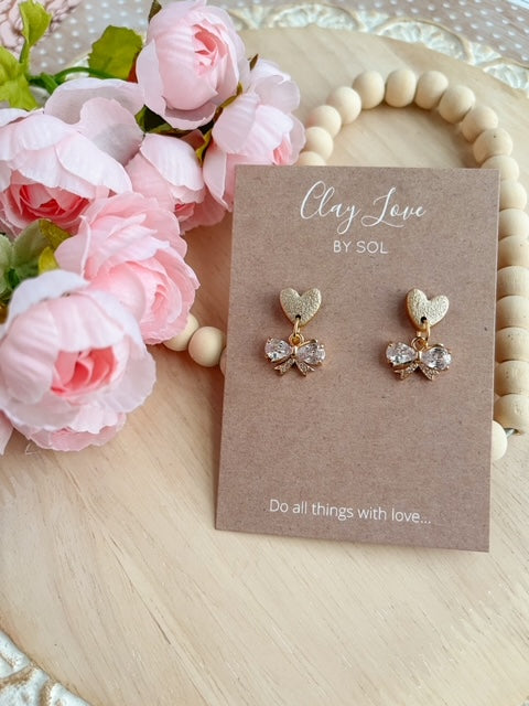 Golden Heart with CZ Bow Dangle Earrings