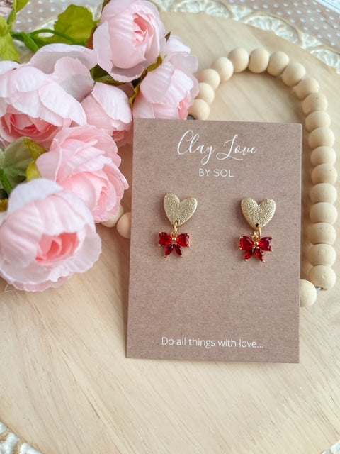 Golden Heart with CZ Red Bow Dangle Earrings