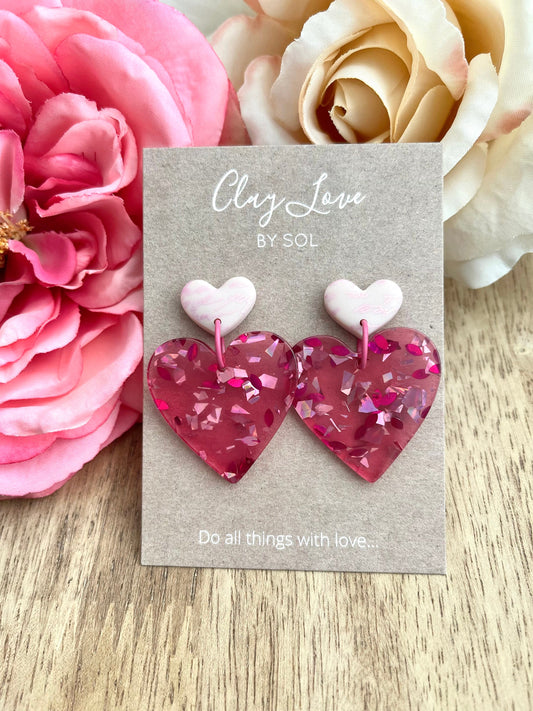 Polymer Clay Pink Large Heart Dangle Earrings, great for Valentine’s Day gift idea