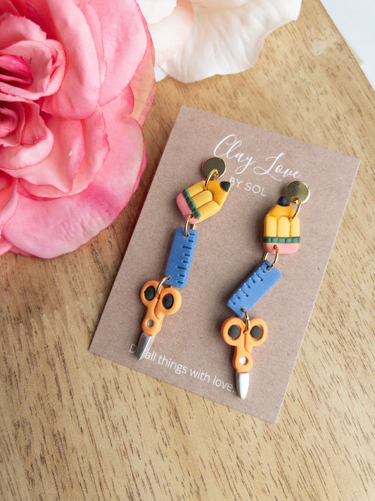 Pencil, Ruler, Scissors Polymer Clay Dangle Earring Trio, perfect for teachers or teacher gifts!